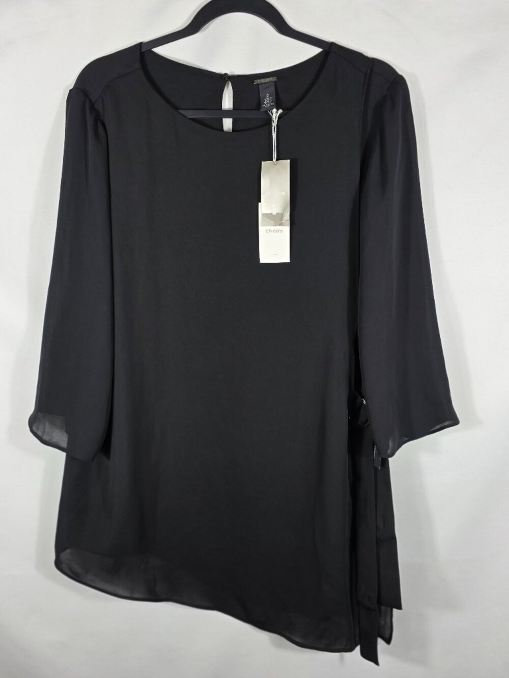 Chico's Black Label Chiffon Style Blouse Tunic Size Large Black Asymmetrical Hem